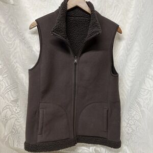 Women's Reversible Vest L‎  Brown Sleeveless Faux Shearling Zipper Pockets Fall